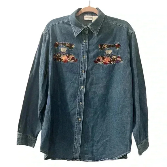 Bobbie Brooks Tops - Vintage 90s Bobbie Brooks Denim Fall Cottagecore Bear Button Shirt Size Large